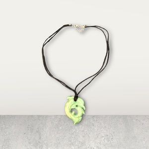 Intertwined Dolphin Pendant Necklace with Black Chord Green/Gold